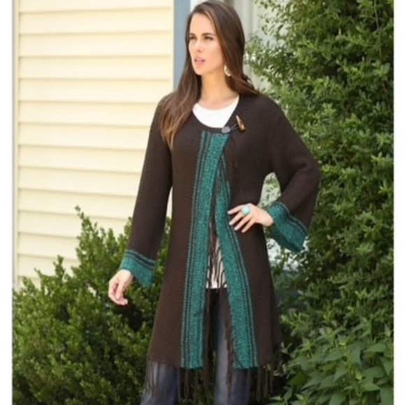 NWOT Wrangler Cardigan Long Sweater Brown/Turquoise Size L - Picture 7 of 7